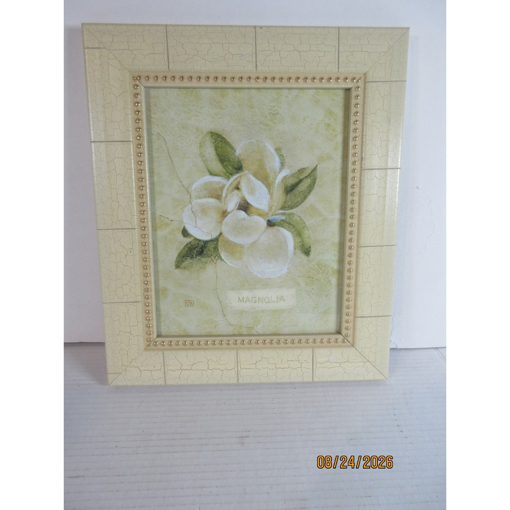 Magnolia Floral Art Print Custom Framed Crackle Finish Cream Beaded Border